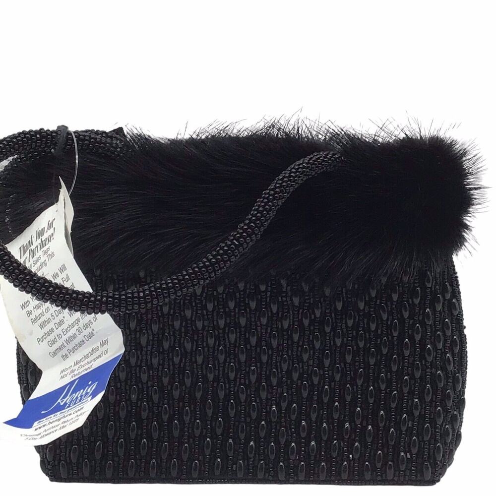 Mitchie’s Black Beaded Evening Bag Faux Fur Trim Top Handle Purse NWT Vintage